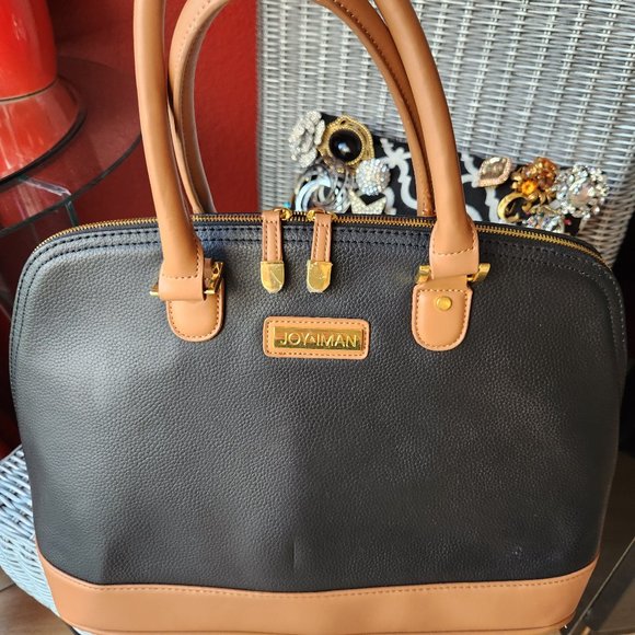 JOY & IMAN ~ Leather Black & Tan Satchel Handbag Purse ~ Large Capacity ~ NEW - Picture 1 of 6